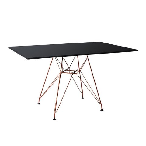 Mesa Eiffel Retangular 120x75 Tampo De Madeira Preto Com Base De Ferro Cobre