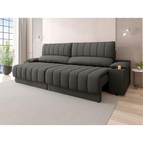 Sofá com Porta Copos Carregador Usb Ret Rec Murano 2,30m Velosuede - Netsofas - Chumbo