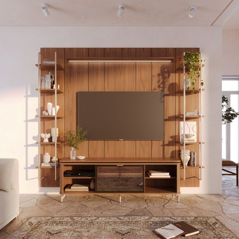 Estante para TV e Home até 75 Polegadas 100% MDF 254cm Vidro Reflecta Prateleiras com LED Canella