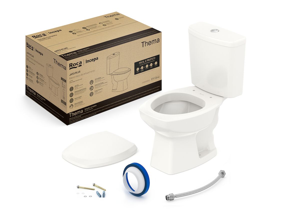 Kit de Bacia com Caixa Assento PP com Queda Amortecida e Complementos de Instalação Thema Roca Bege/Biscuit Brilhante