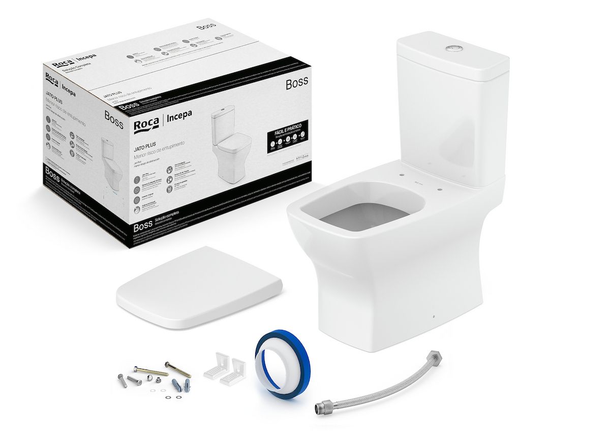 Kit de Bacia com Caixa Assento Termofixo com Queda Amortecida e Complementos de Instalação Boss Roca Branco/Brilhante