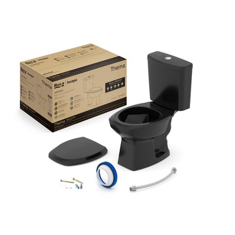 Kit de Bacia com Caixa Assento PP com Queda Amortecida e Complementos de Instalação Thema Roca Preto/Brilhante