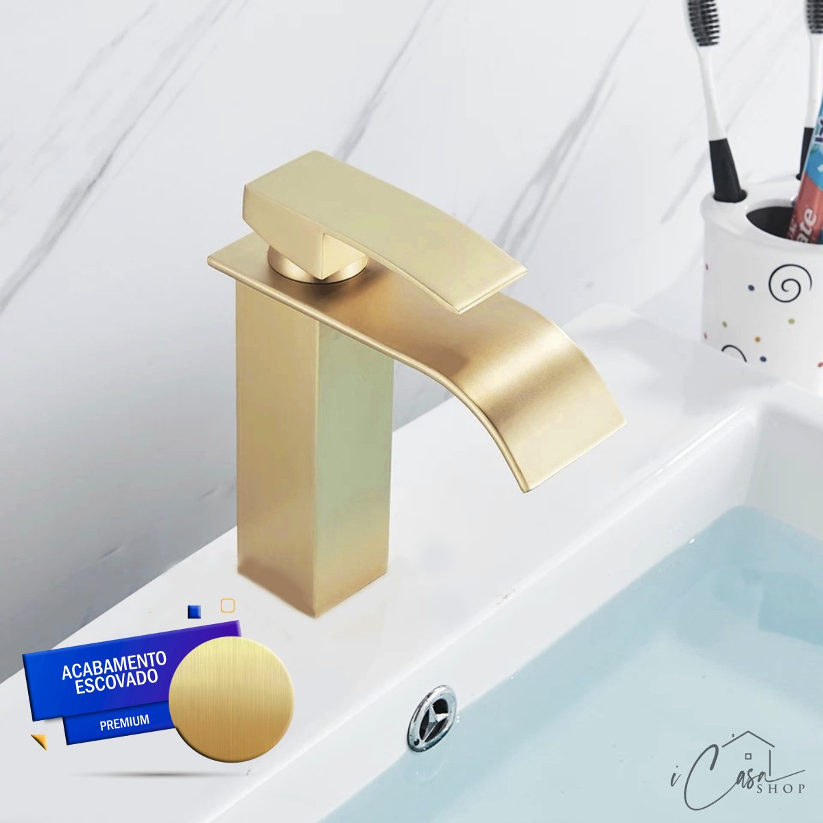 Torneira Banheiro Lavabo Cascata Dourada Escovada Misturador Monocomando - 3