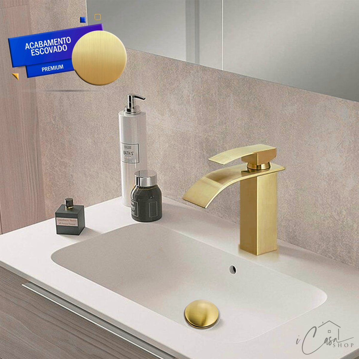 Torneira Banheiro Lavabo Cascata Dourada Escovada Misturador Monocomando - 5