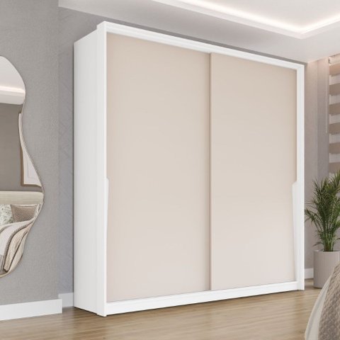 Guarda Roupa Roupeiro 2 Portas de Correr 2 Gavetas Porto Branco Creme Politorno Móveis