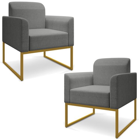 Kit 2 Poltronas Decorativas Isabella Base Industrial Linho Grafite/Dourado Gran Belo
