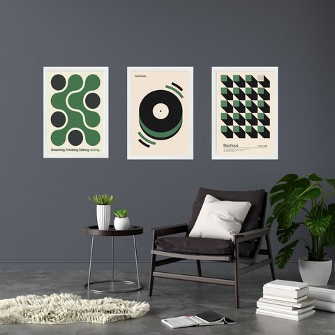 Kit 3 Quadros Artes Bauhaus Verde e Preto 45x34cm:moldura Preta