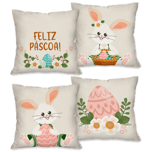 Kit com 4 Capas para Almofadas Decorativas Coelho e Coelha da Páscoa