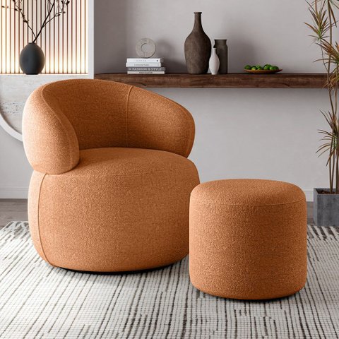 Kit Poltrona Orgânica Giratória Eloah + Puff Ello Bouclé Italiano Decoração Sala Luxo - Terracota