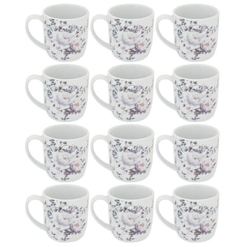 Jogo 12 Xícaras de Porcelana Grandes Chá Café 360ml Florida Branca Caneca Germer