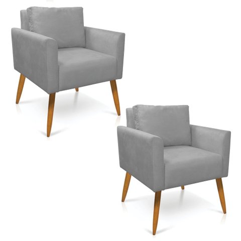 Kit 2 Poltronas Aline Suede Cinza Pés Palito Castanho - D’Rossi