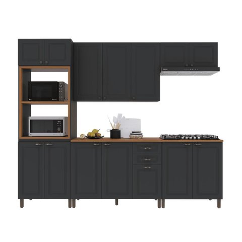 Armário de Cozinha Modulada Completa Fidelitá Nara 100% MDF 5 Peças 270cm 14 Portas 2 Gavetas com