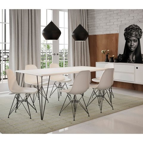 Conjunto De Mesa Eames Clips De Ferro Preto Tampo Branco 135x75 6 Cadeiras Preta Assento Branco