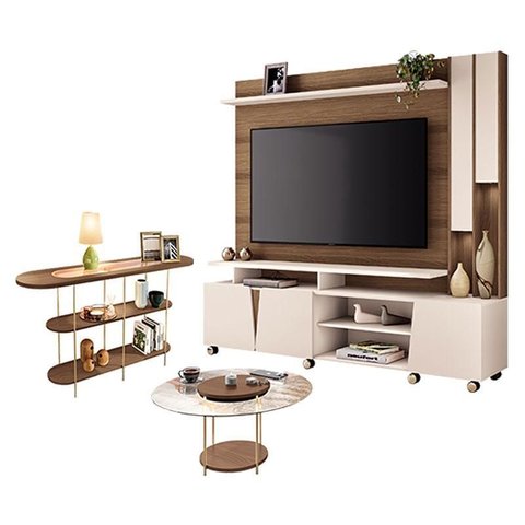 Estante Home Theater Virtus Castanho Off White com Mesa de Centro Sky com Tampo de Vidro e Aparador