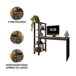 Mesa Escrivaninha Artemis Prateleiras Escritório Moderno Estilo Industrial Nicho Gaveta Cor Canela - 3