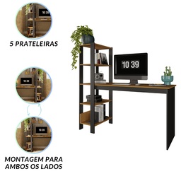 Mesa Escrivaninha Artemis Prateleiras Escritório Moderno Estilo Industrial Nicho Gaveta Cor Canela - 8