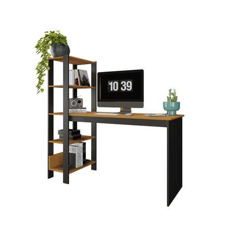 Mesa Escrivaninha Artemis Prateleiras Escritório Moderno Estilo Industrial Nicho Gaveta Cor Canela