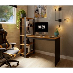 Mesa Escrivaninha Artemis Prateleiras Escritório Moderno Estilo Industrial Nicho Gaveta Cor Canela - 2