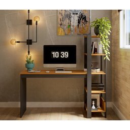 Mesa Escrivaninha Artemis Prateleiras Escritório Moderno Estilo Industrial Nicho Gaveta Cor Canela - 4