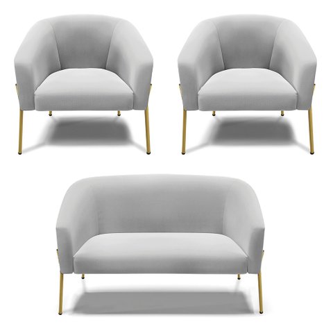 Sofá Namoradeira e 2 Poltronas Pé de Ferro Dourado Stella Suede D03 - D'Rossi Cinza