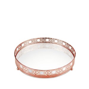 Bandeja redonda de metal rose gold luxo com trabalhado