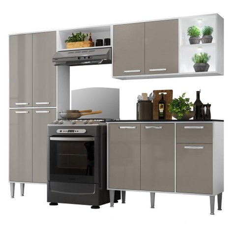 Cozinha Compacta c/ 2 Leds 4 pçs Xangai Multimóveis V3414 Branca/Lacca Fumê
