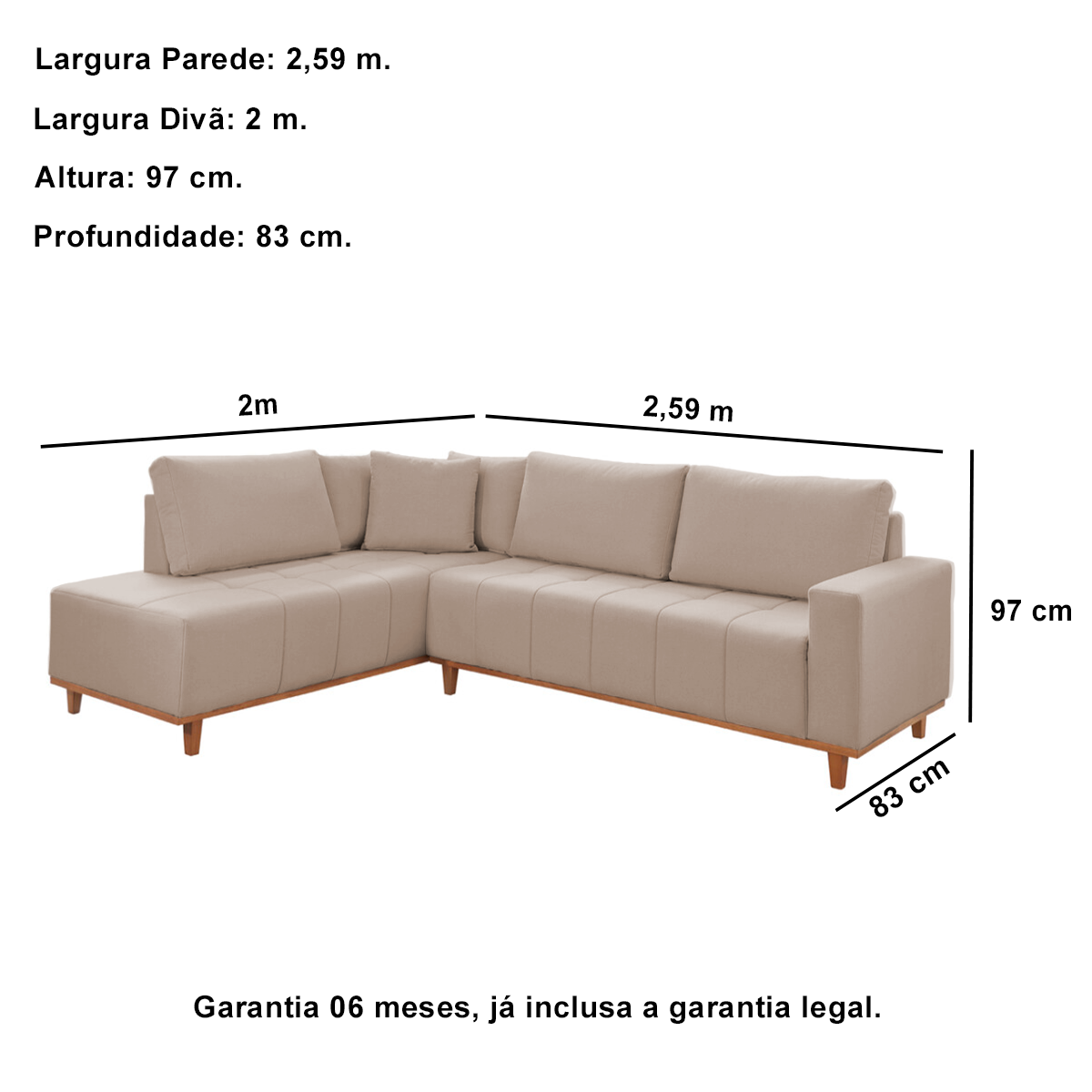 Sofá de Canto 4 Lugares Veludo Bege 2,59m Palau - 4