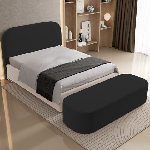 Cabeceira Cama Box Casal 140cm Lanna com Puff Recamier Doha W01 Suede Preto - Lyam Decor
