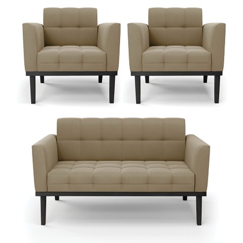 Conjunto 2 Poltronas e 1 Namoradeira Decorativa Karen Pés Fixo em Madeira Preto Suede Nude G19 - Gra