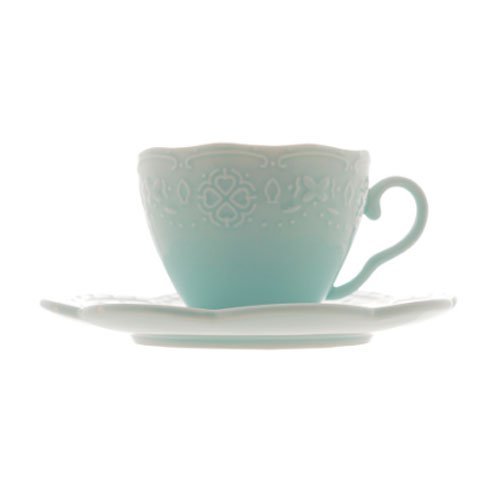 Conjunto Jogo de Xícaras em Porcelana com Pires Azul para Café e Chá da Tarde 120ml - 7x13cm - 3