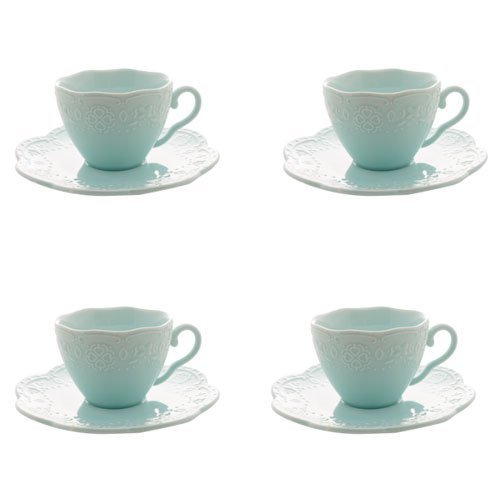 Conjunto Jogo de Xícaras em Porcelana com Pires Azul para Café e Chá da Tarde 120ml - 7x13cm
