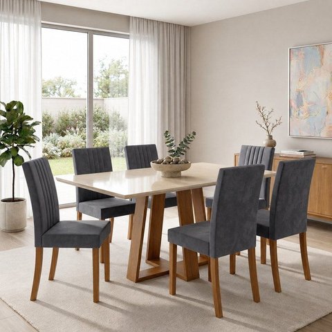 Conjunto Sala de Jantar Mesa Lisa 160cm Tampo de Vidro Canto Reto 6 Cadeiras Lily