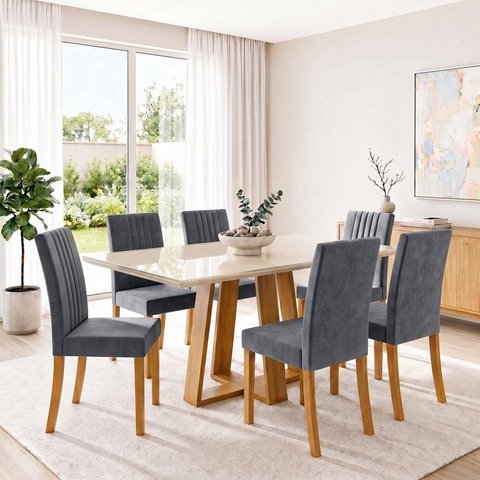 Conjunto Sala de Jantar Mesa Lisa 160cm Tampo de Vidro Canto Reto 6 Cadeiras Lily