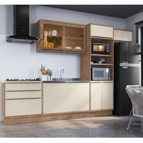Cozinha Modulada 5 Peças 8 Portas 3 Gavetas com Divisor de Talheres 1 Nicho para Forno Viena Bege