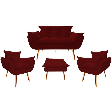 Kit Namoradeira + 2 Poltronas + 1 Puff Decorativo Opala Suede Marsala Pés Madeira Mz Decor