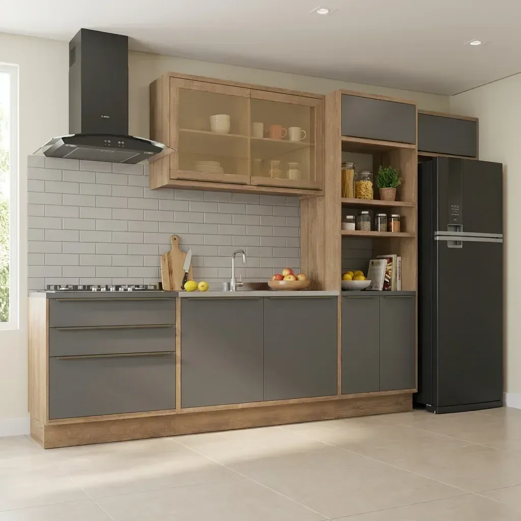 Cozinha Modulada Vidro Reflecta 5 Peças 2 Balcões 2 Armários Aéreos 1 Torre Quente em MDF Viena Cinza