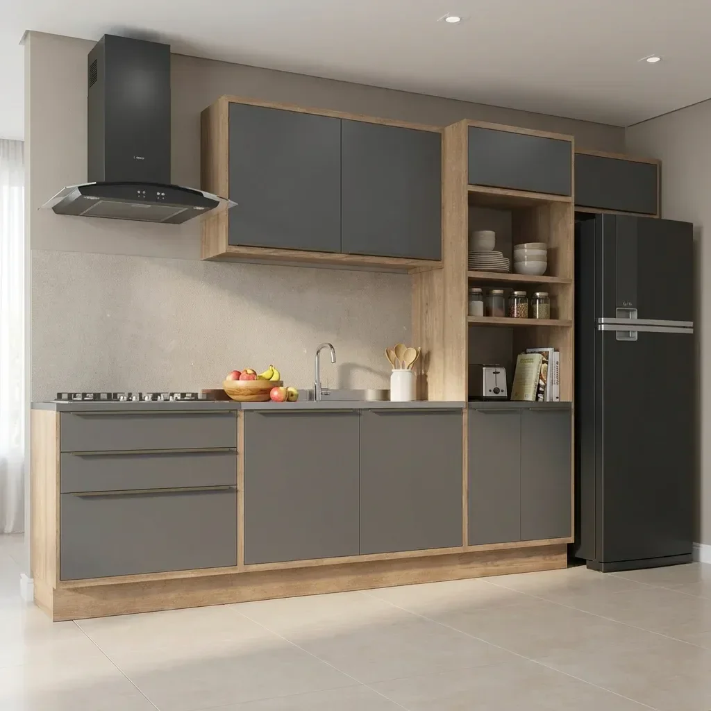Ver imagem 2 de Cozinha Modulada 5 Peças com 2 Balcões 2 Armários Aéreos 1 Torre Quente em MDF Cinza Viena