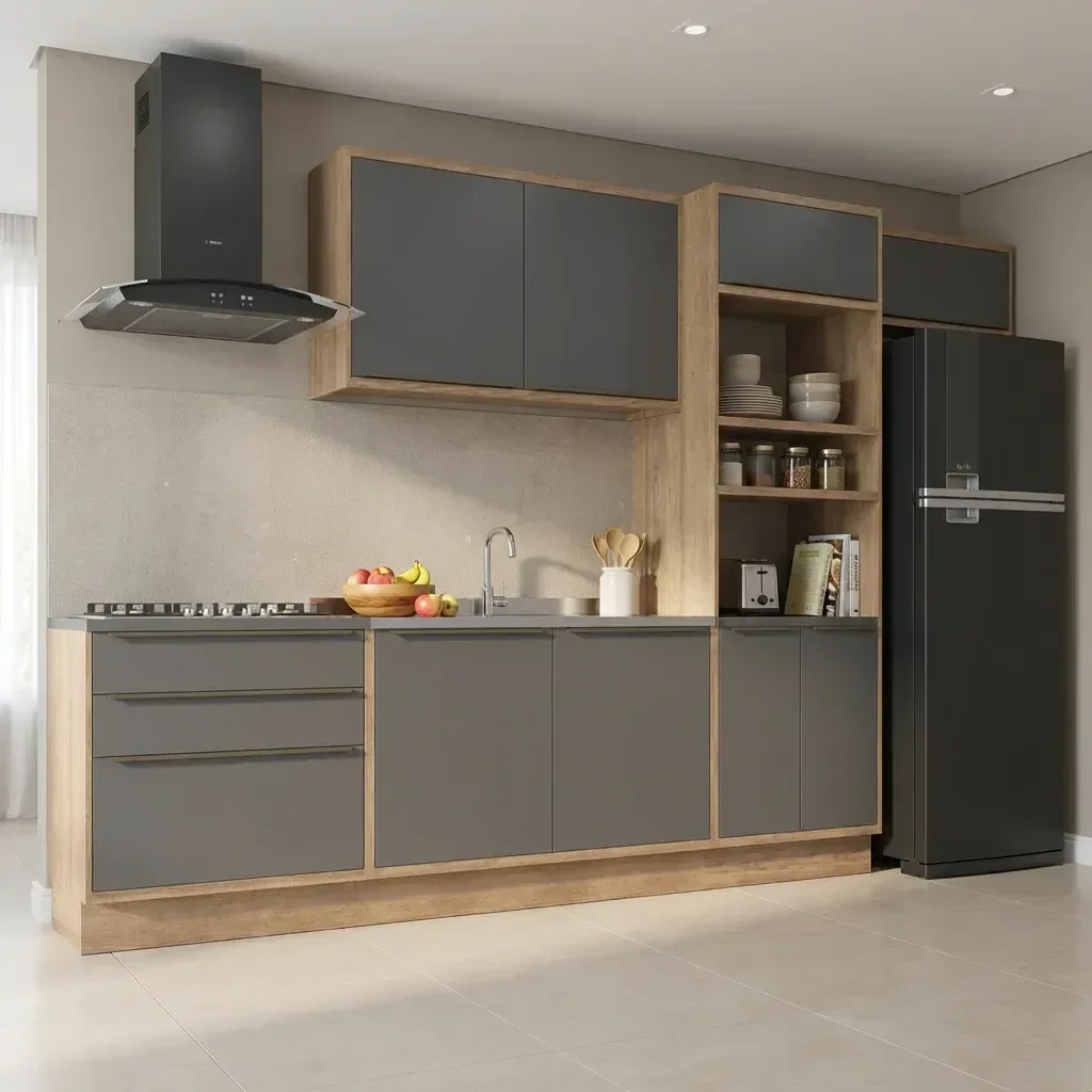 Cozinha Modulada 5 Peças com 2 Balcões 2 Armários Aéreos 1 Torre Quente em MDF Cinza Viena