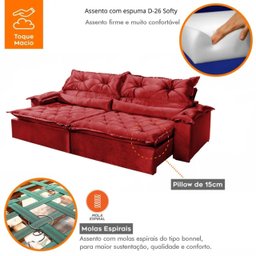 Sofá Retrátil e Reclinável 2,40m 4 Lugares Pillow com Espuma Soft Sparta - Movenzo Estofados - 4