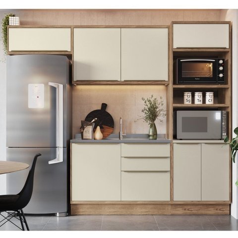 Cozinha Modulada 4 Peças 7 Portas 3 Gavetas com Divisor de Talheres 1 Nicho para Forno Viena Bege