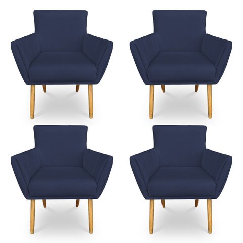 Kit 4 Poltronas Decorativa Leticia Suede Azul Marinho Pés Palito Castanho - Pallazio
