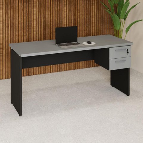 Mesa Escrivaninha 150cm Pés Painel com Gaveteiro Suspenso F5 Office Cor:Cinza Sagrado com Preto