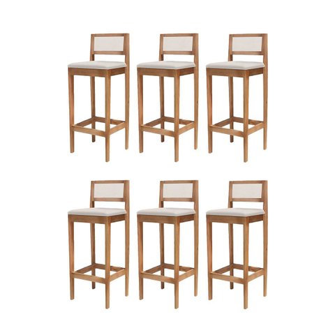 Kit 6 Banquetas Madeira Área Mel com Sintetico Bege Gourmet Estofadas com Encosto