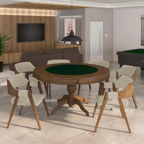 Conjunto Mesa de Jogos Bellagio e 6 Cadeiras Madeira Poker Base Estrela Linho Offwhite/nogueira