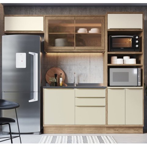 Cozinha Modulada 4 Peças 7 Portas 3 Gavetas com Divisor de Talheres 1 Nicho para Forno Viena Bege/Lo