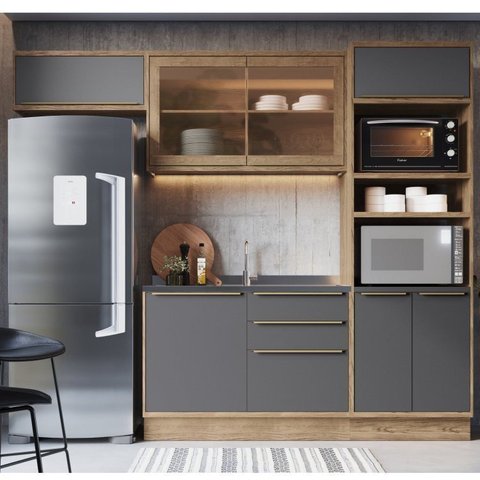 Cozinha Modulada 4 Peças 7 Portas 3 Gavetas com Divisor de Talheres 1 Nicho para Forno Viena Cinza