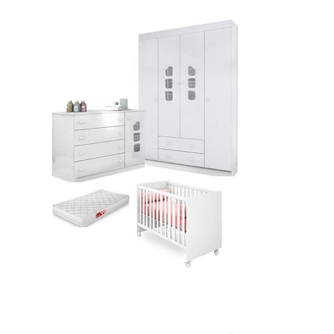 Berço Americano Mini Cama com Colchão, Guarda-roupa Roupeiro e Cômoda Aquarela 100% Mdf Branco para