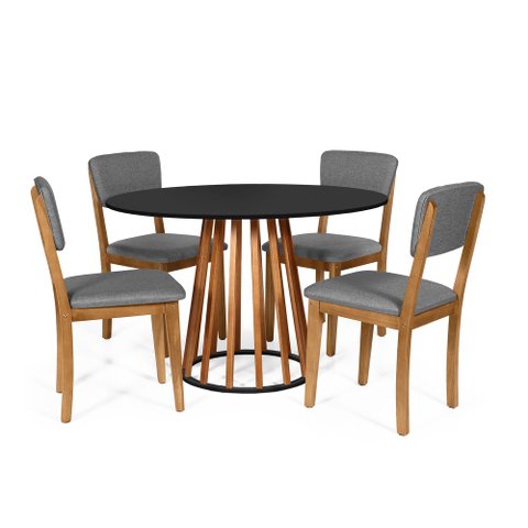 Mesa de Jantar Redonda Gabi Nat/pret com 4 Cadeiras Estofadas Ella Cinza Escuro