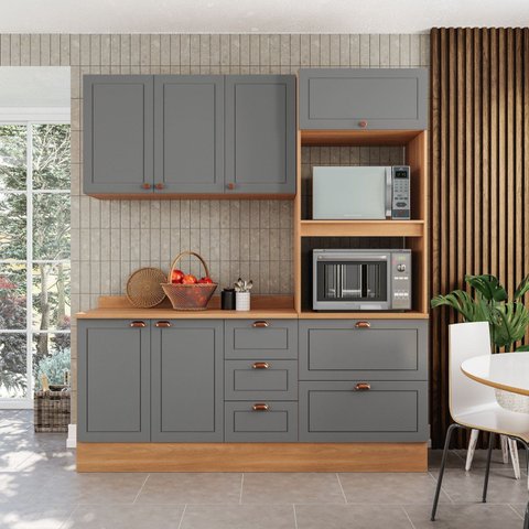 Cozinha Pérola com Rodapé e Tampo 190 cm 3 Peças Yescasa Cinza/Freijó