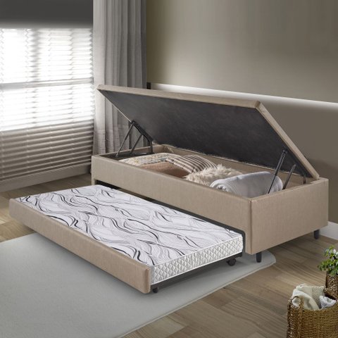 Bicama Box com Baú Solteirão 96x203 com Colchão Auxiliar Courino Linho Areia